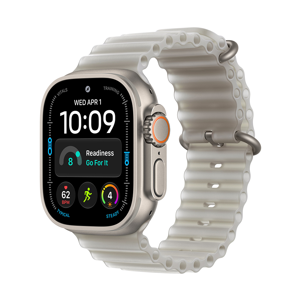 Watch Ultra 4 Cellular 49 mm – titanové pouzdro Přírodní, oceánský řemínek Průhledná šedá