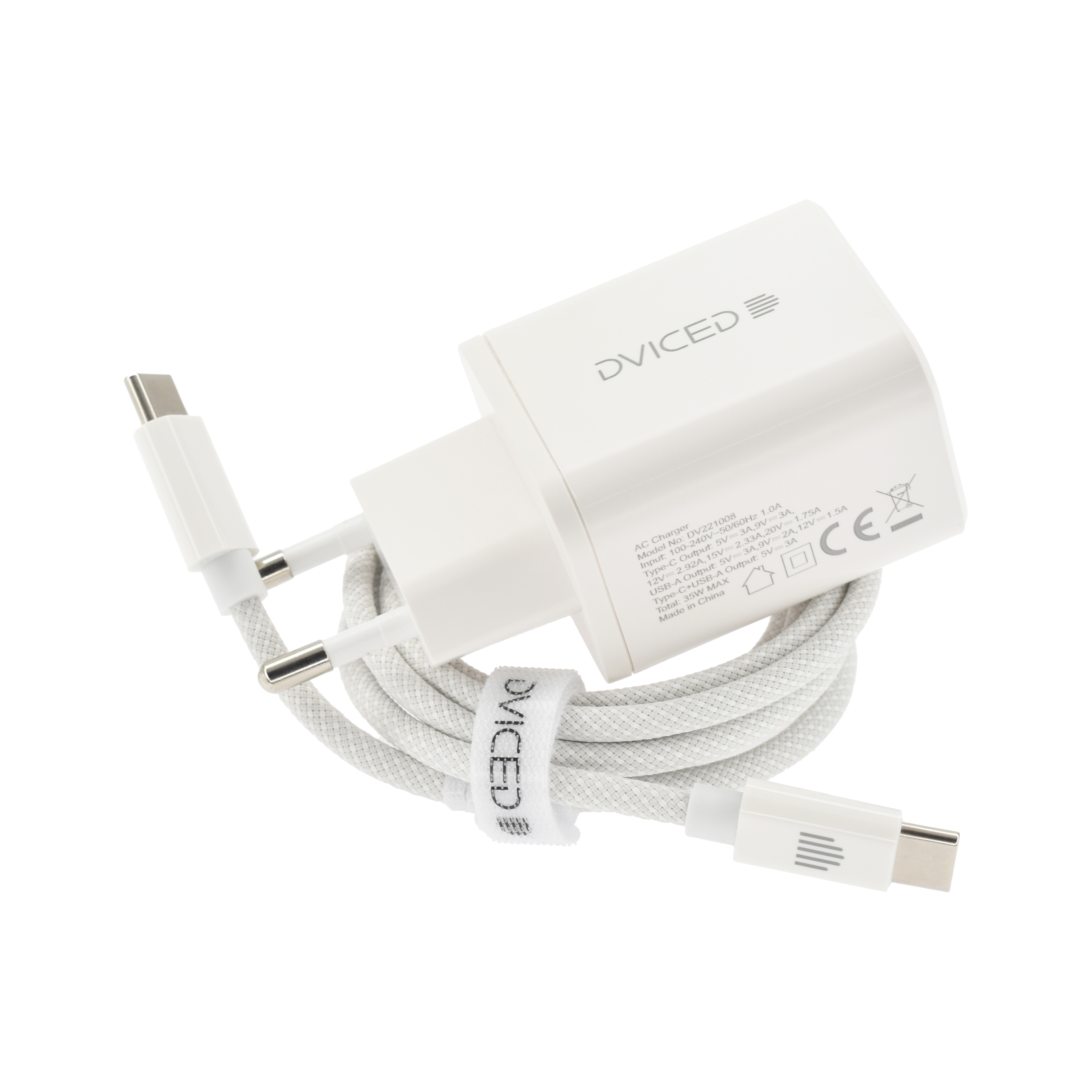 Dviced Wall charger 35W GaN 1 USB-A, 1 USB-C EU w cable - White