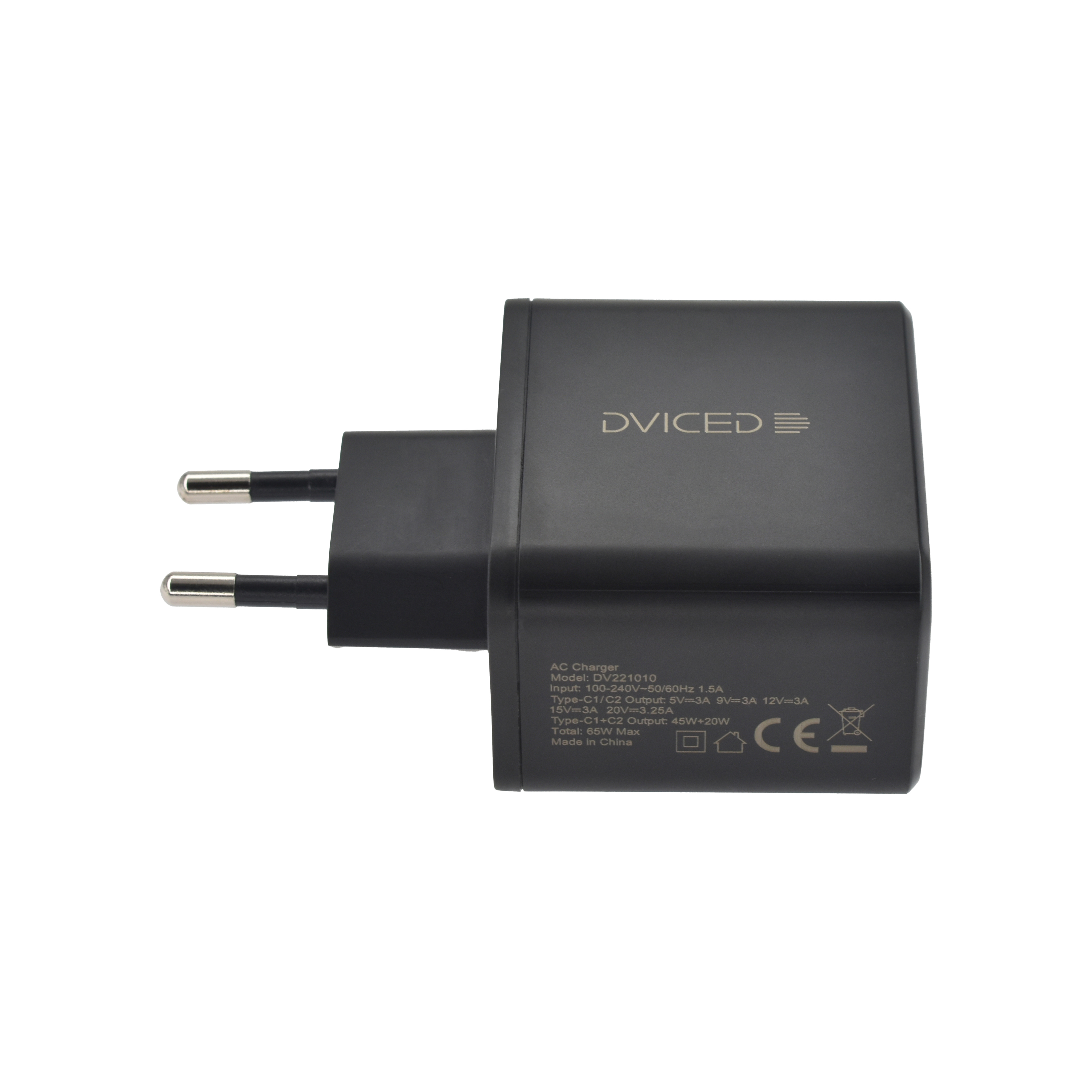 Dviced Wall charger w cable 65W GaN 2 USB-C EU - Black