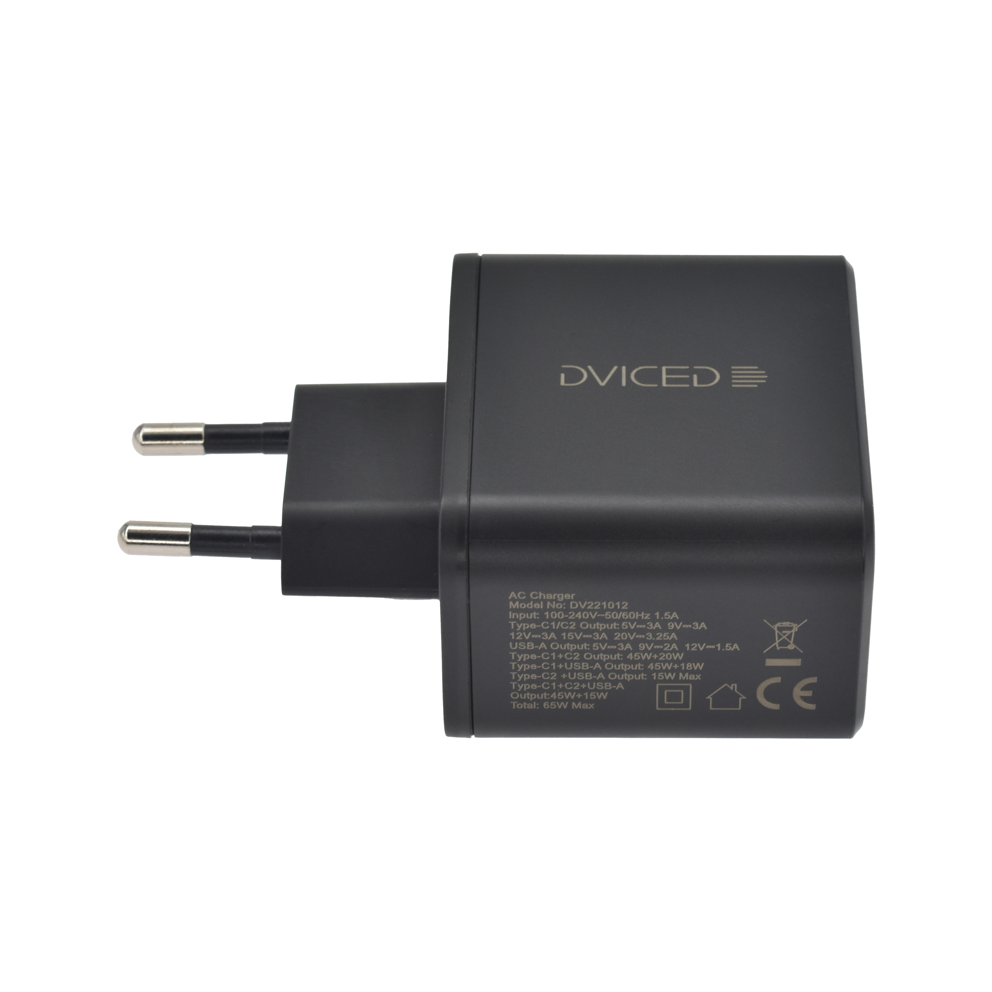 Dviced Wall charger w cable 65W GaN 2 USB-C 1 USB-A EU - Black