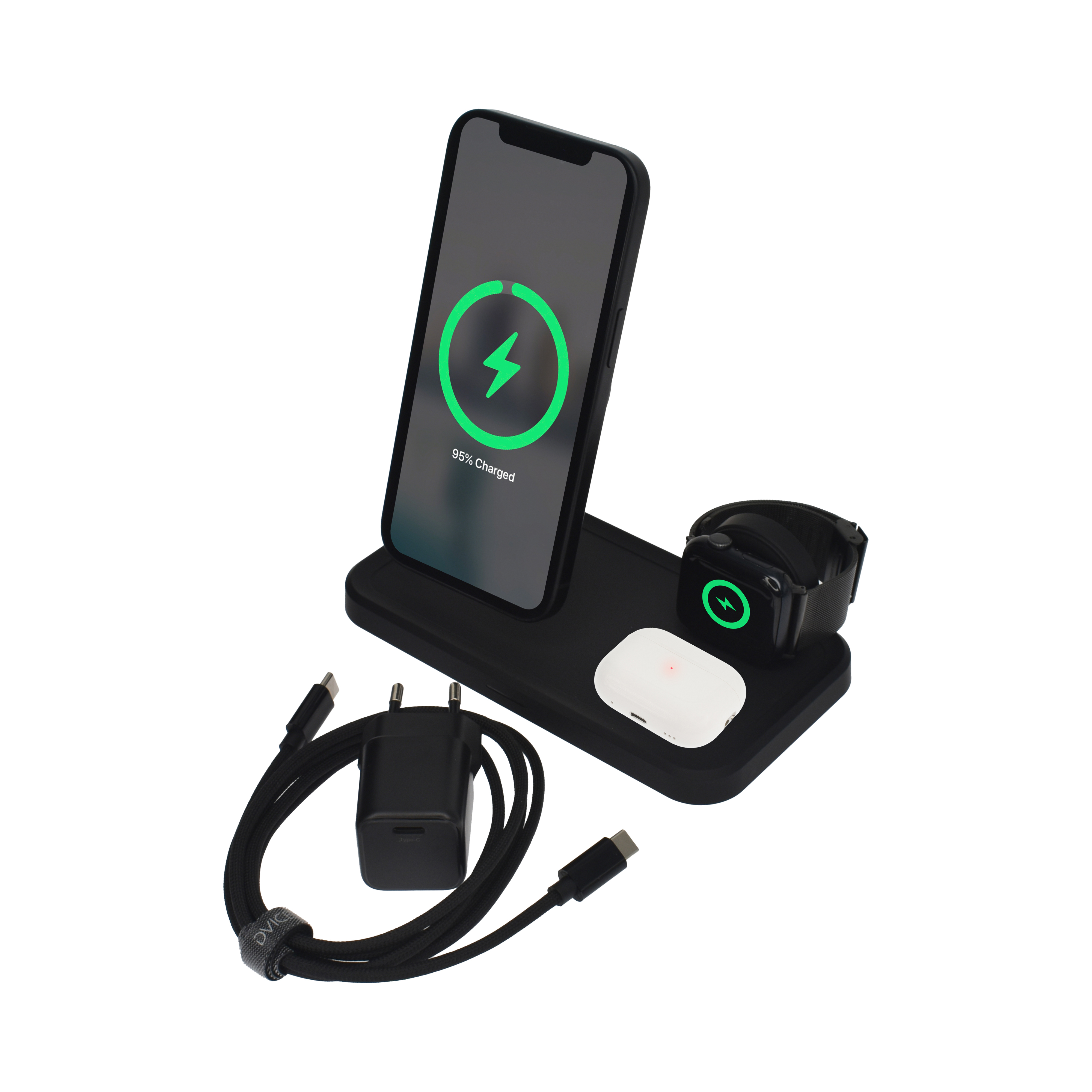 Dviced 3-in-1 magnetic wireless stand w cable, wall charger - Black