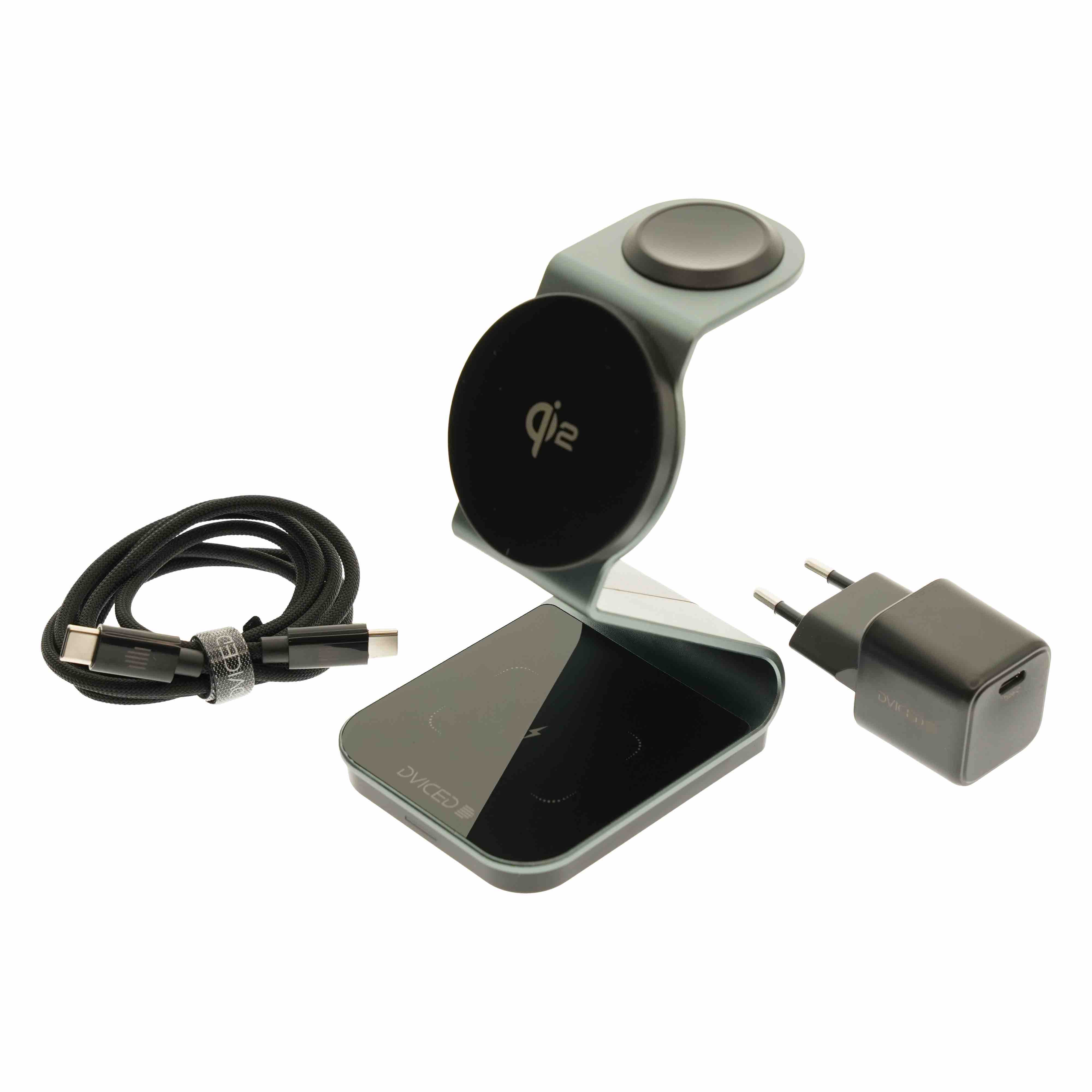Dviced 3-in-1 Magnetic Qi2 wireless charger stand w cable, wall charger - Tarnish gray