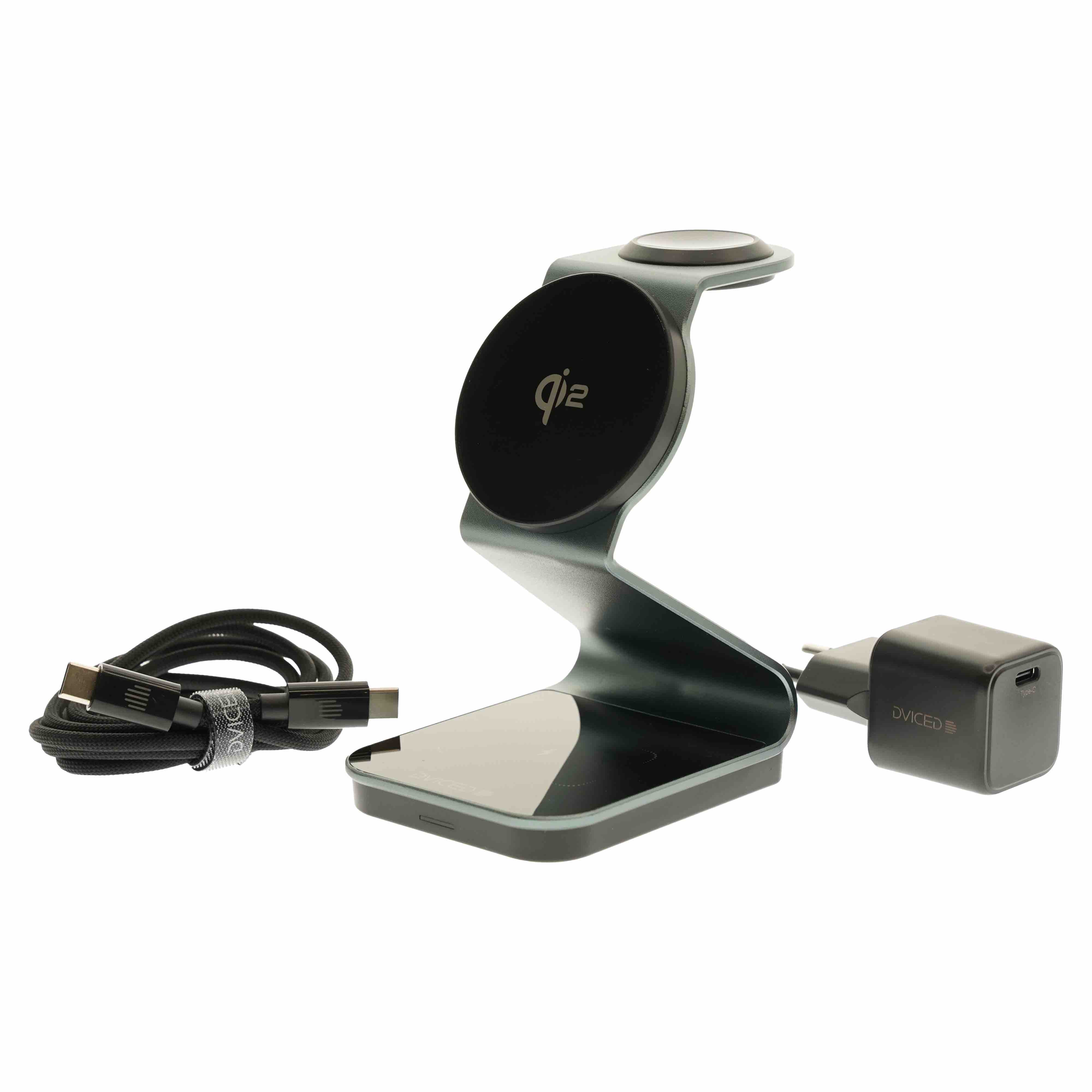 Dviced 3-in-1 Magnetic Qi2 wireless charger stand w cable, wall charger - Tarnish gray