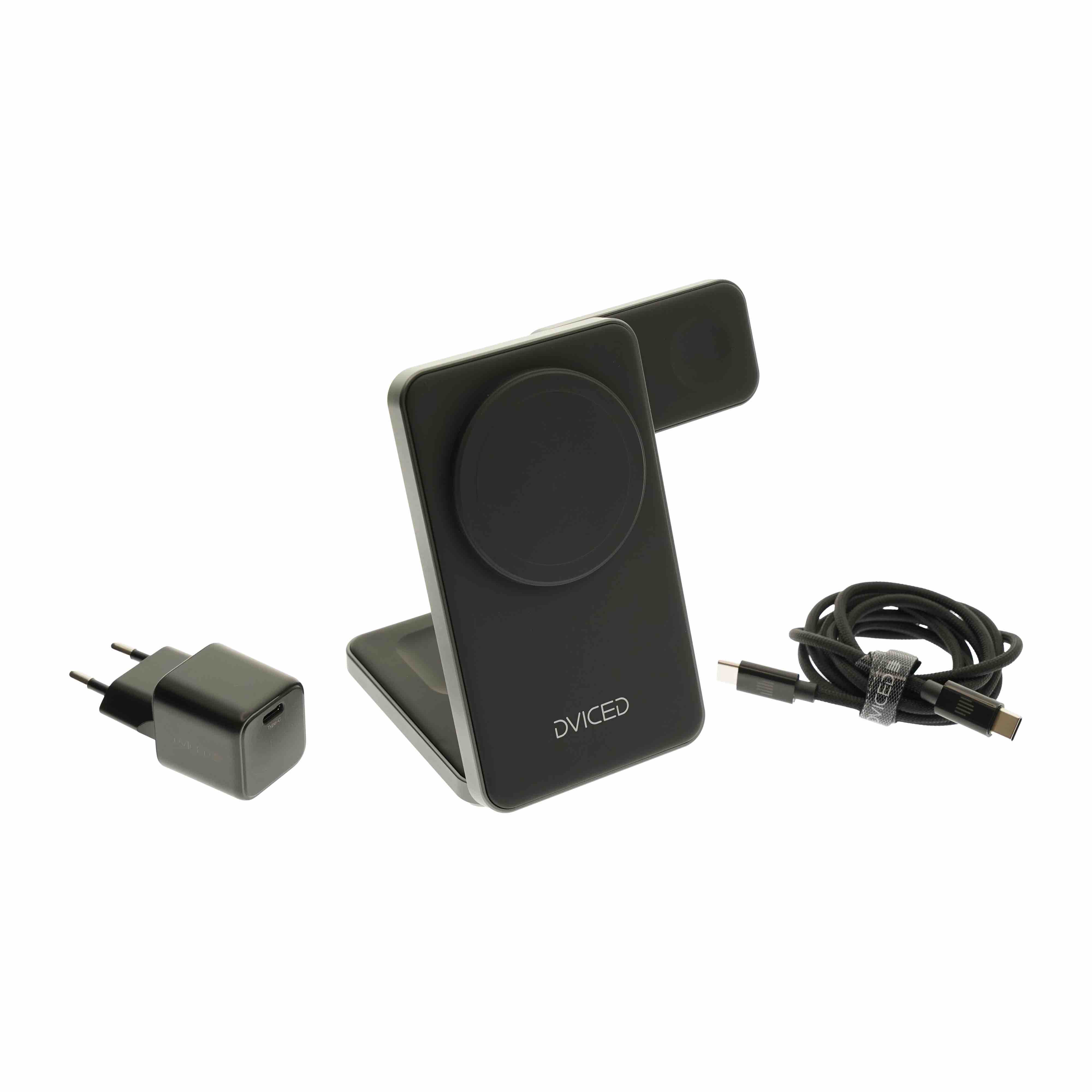 Dviced 3-in-1 Foldable Qi2 magnetic wireless charger stand w cable, wall charger - Black