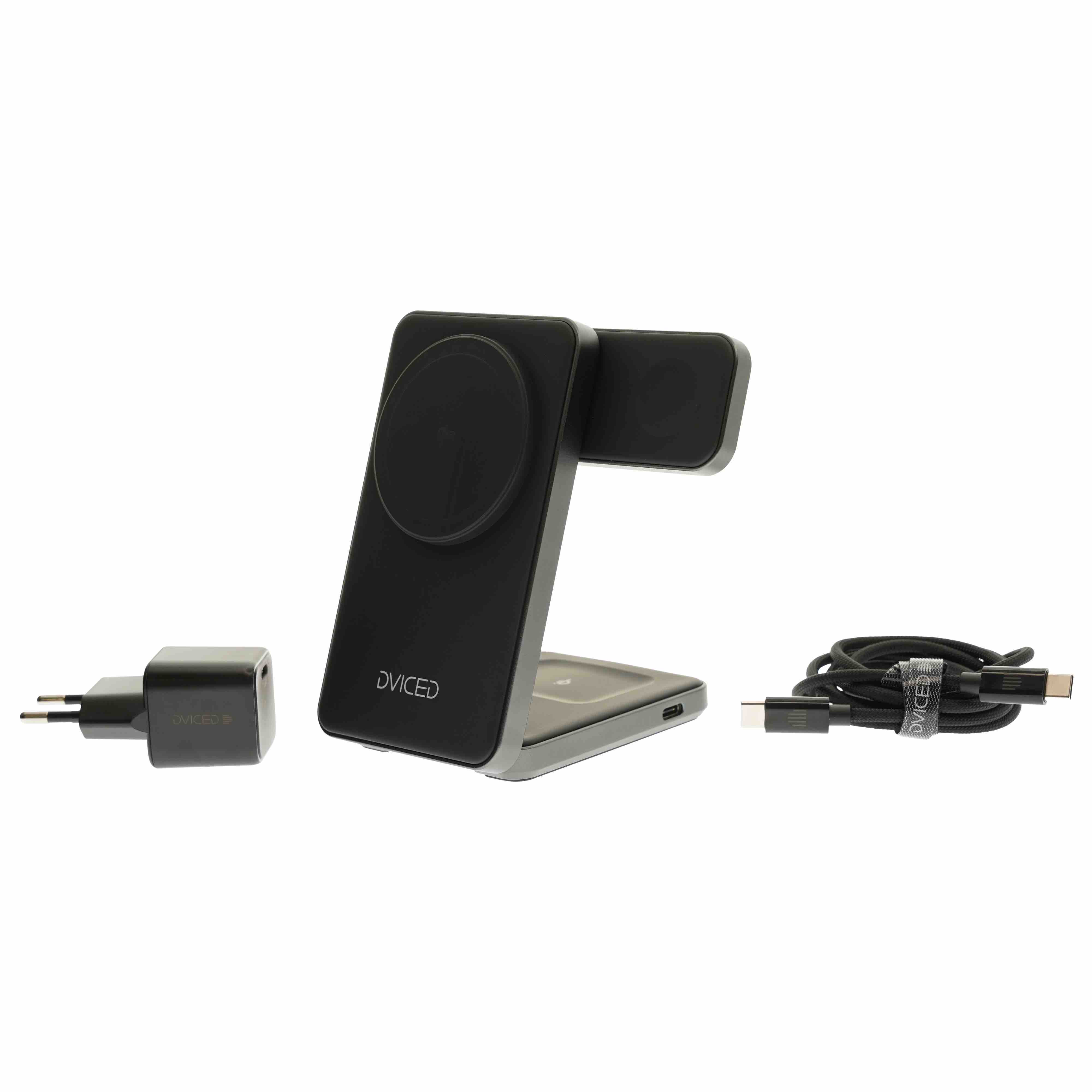 Dviced 3-in-1 Foldable Qi2 magnetic wireless charger stand w cable, wall charger - Black