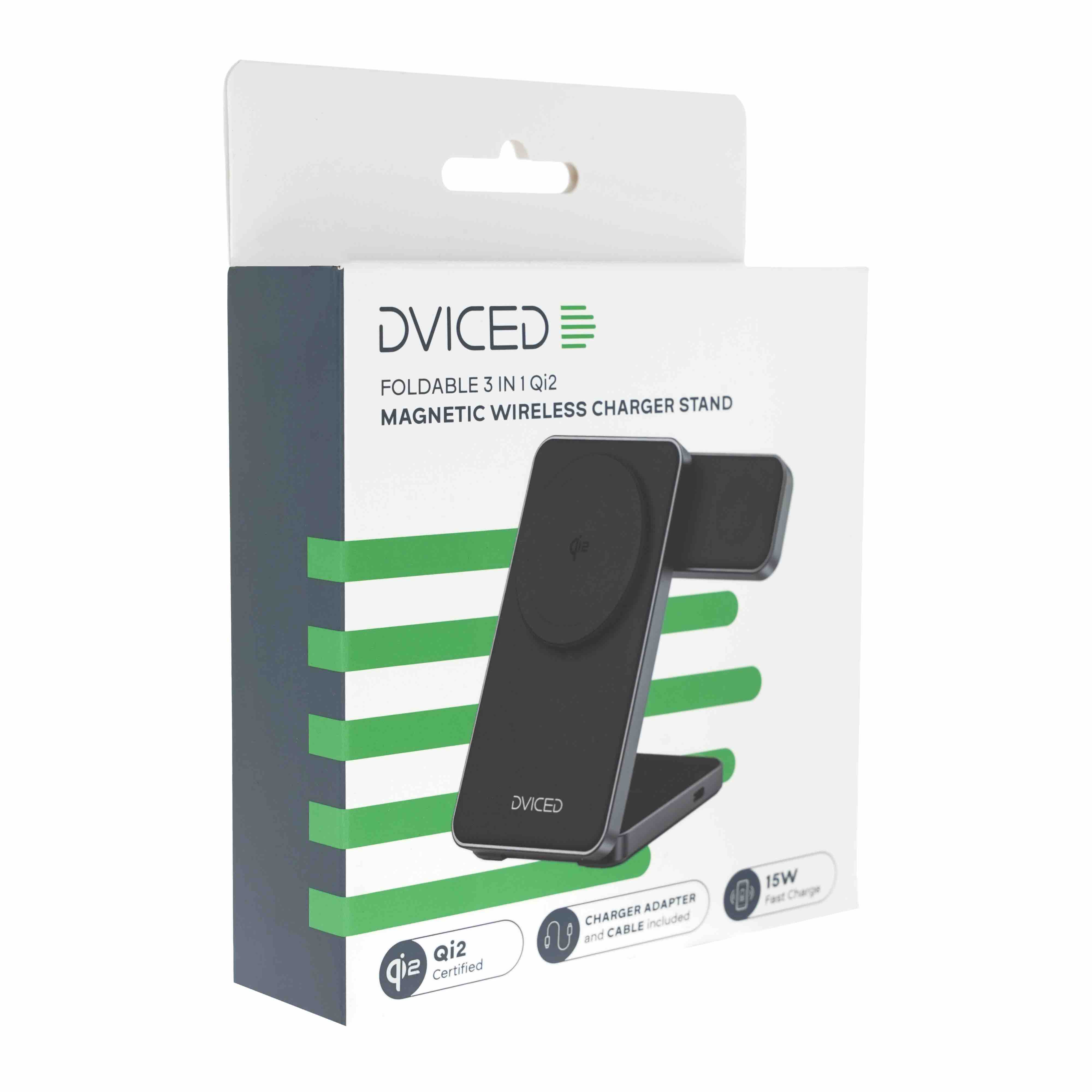 Dviced 3-in-1 Foldable Qi2 magnetic wireless charger stand w cable, wall charger - Black