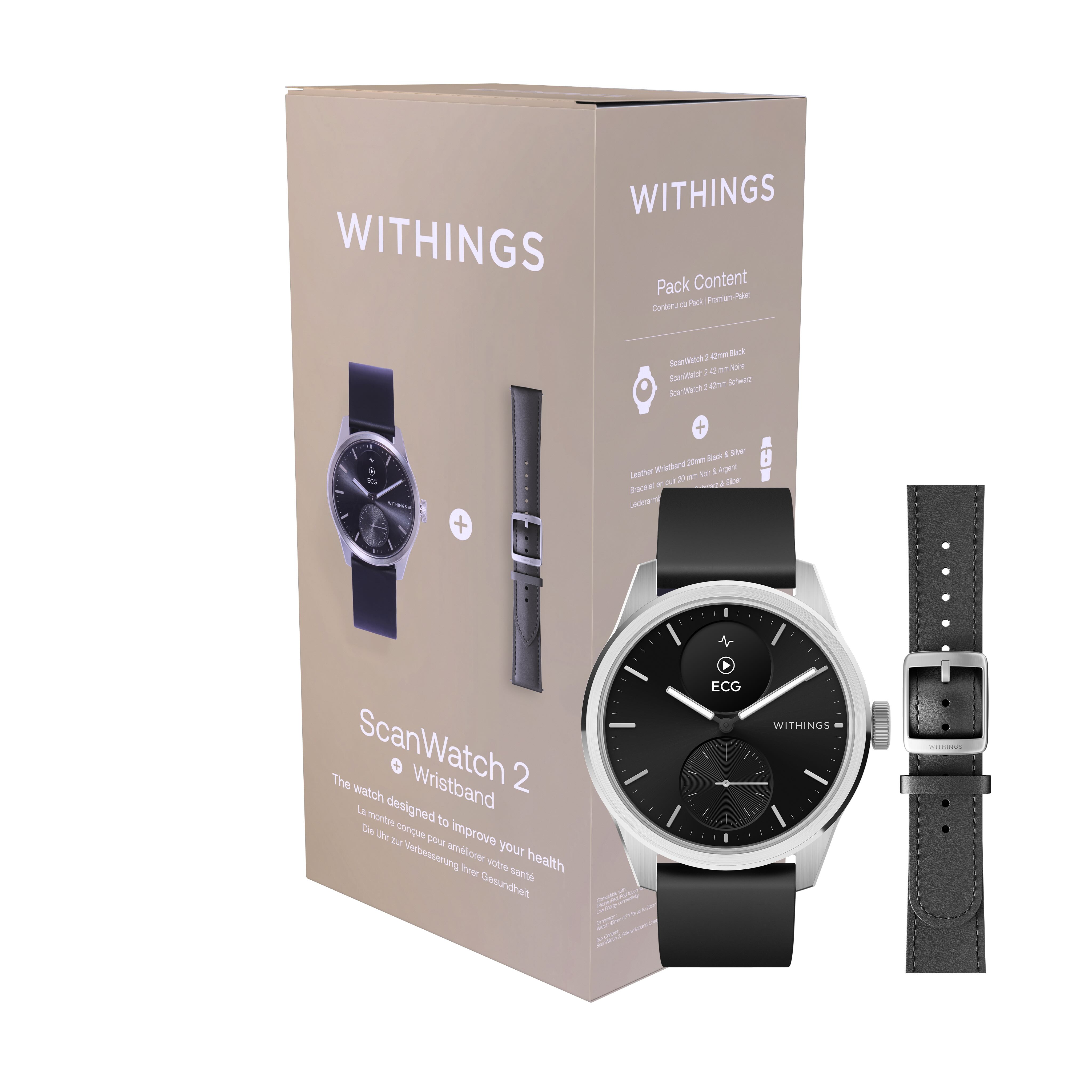 Withings Bundle Scanwatch 2 / 42mm (including Leather wristband Black Noir 20mm) - Black
