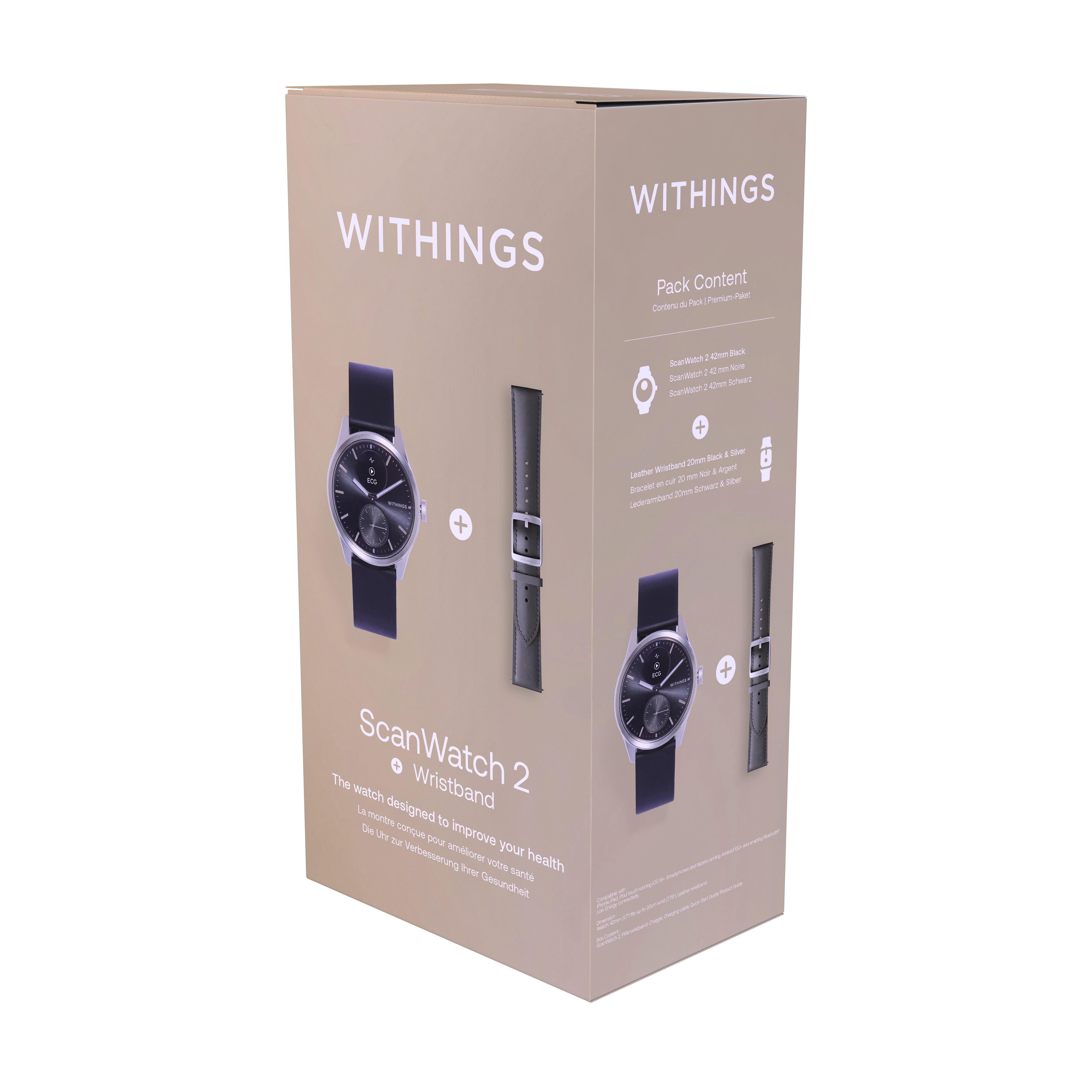 Withings Bundle Scanwatch 2 / 42mm (including Leather wristband Black Noir 20mm) - Black