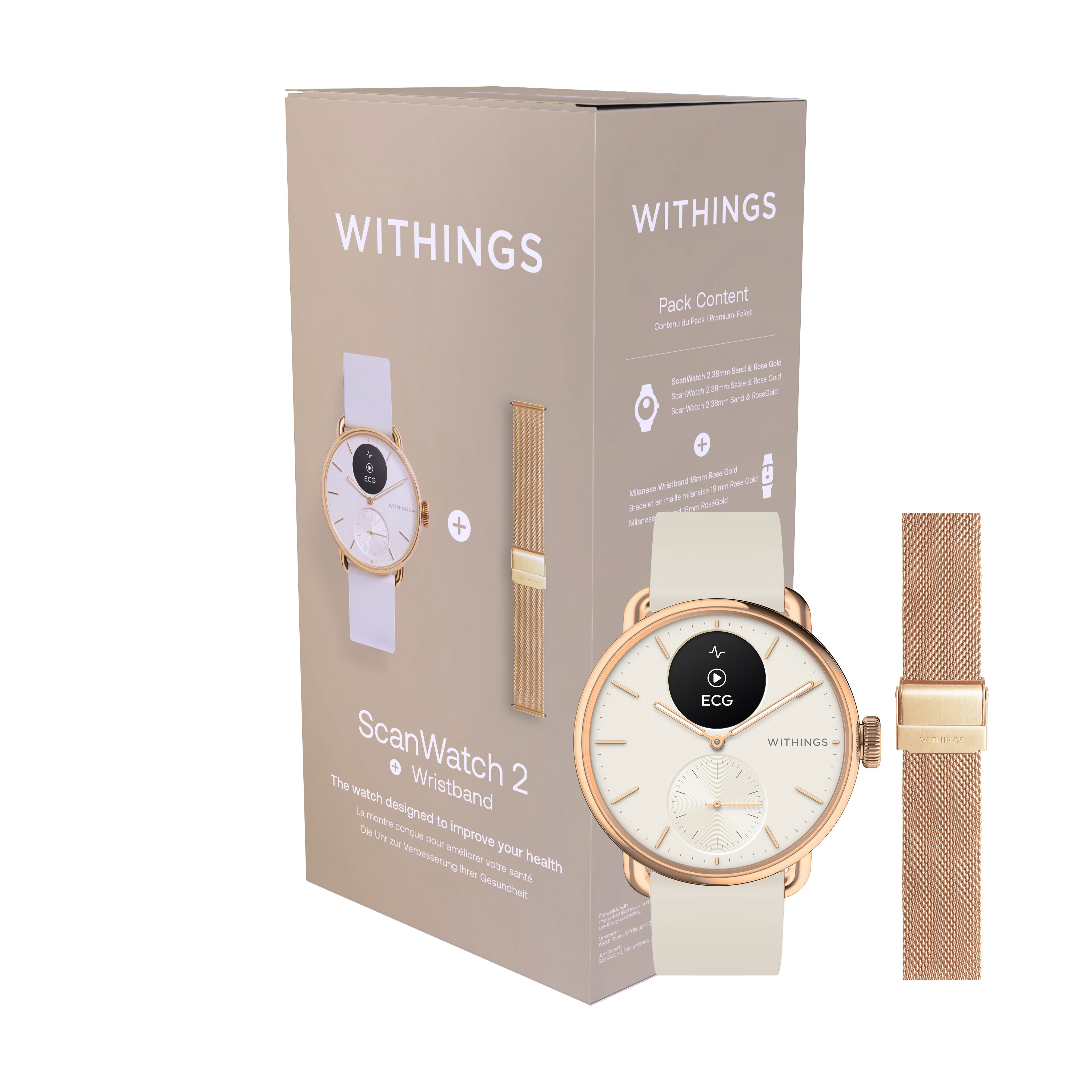 Withings Bundle Scanwatch 2 / 38mm (including Milanese wristband Rose Gold) - Rose Gold