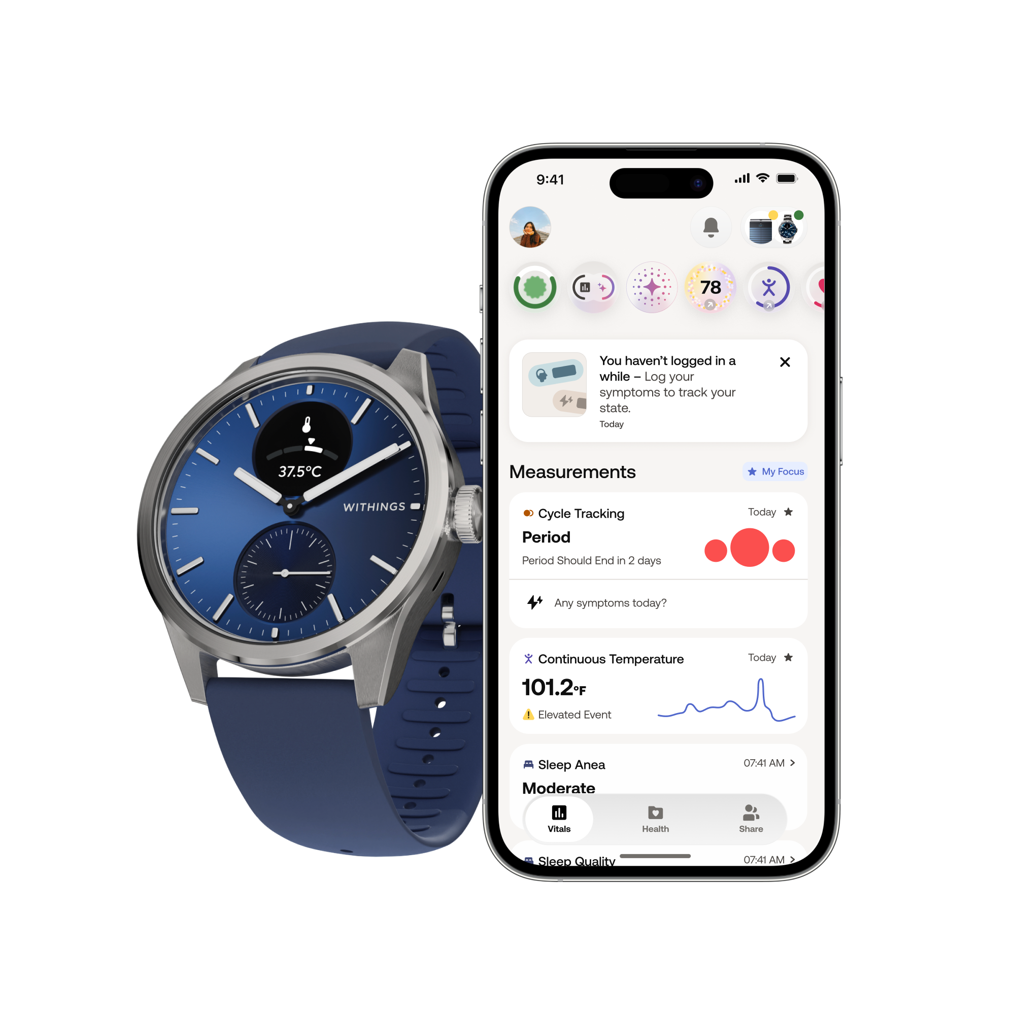 "Withings Scanwatch 2 / 42mm (Activity, Sleep Tracker, ECG, Temperature, SPO2 / Stainless steel, fkm wristband, sapphire glass) - Blue"