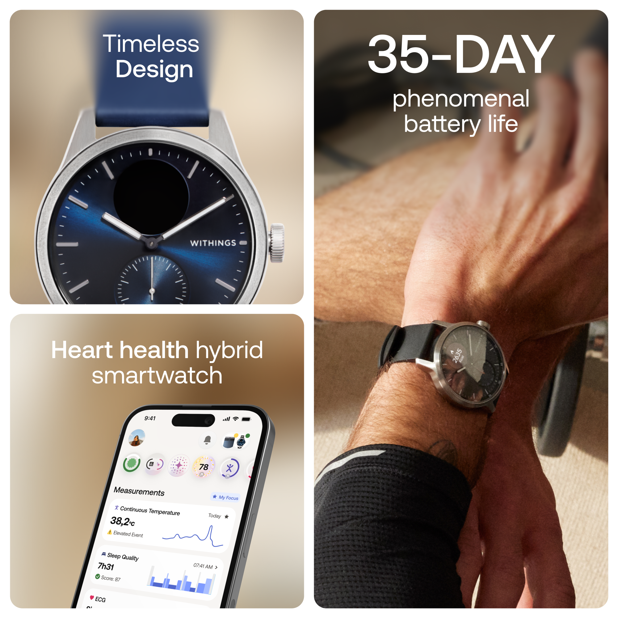 "Withings Scanwatch 2 / 42mm (Activity, Sleep Tracker, ECG, Temperature, SPO2 / Stainless steel, fkm wristband, sapphire glass) - Blue"