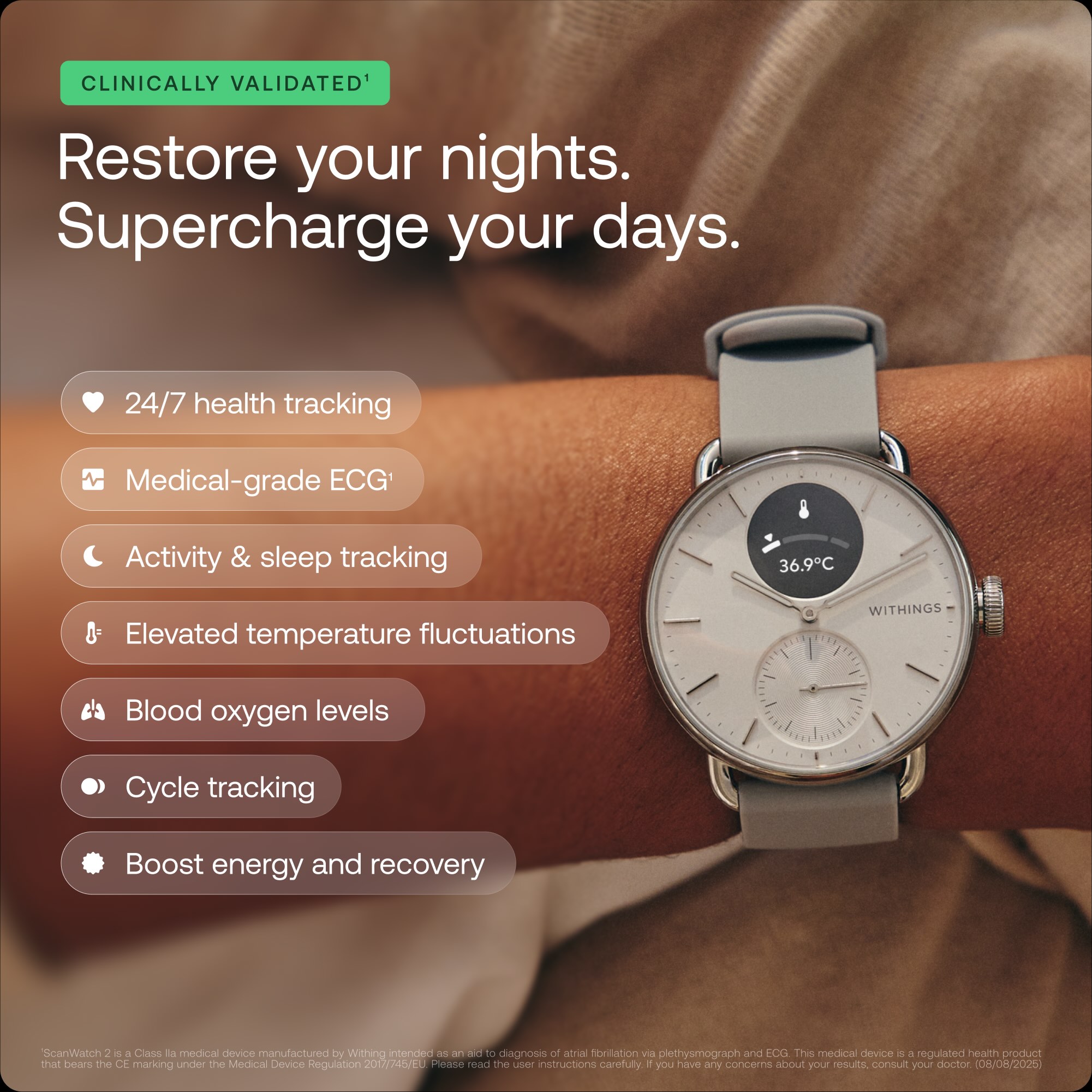 "Withings Scanwatch 2 / 42mm (Activity, Sleep Tracker, ECG, Temperature, SPO2 / Stainless steel, fkm wristband, sapphire glass) - Blue"