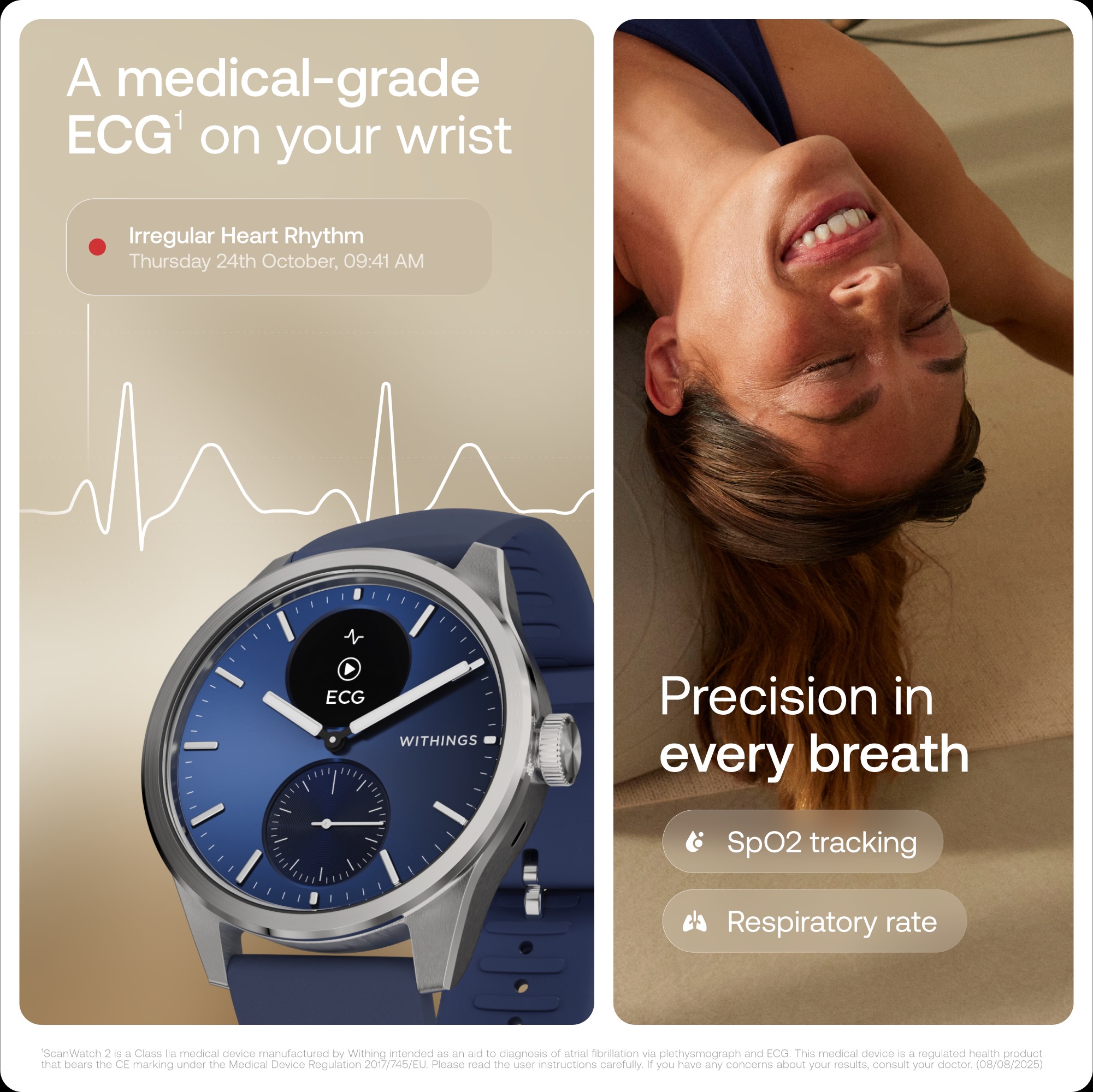 "Withings Scanwatch 2 / 42mm (Activity, Sleep Tracker, ECG, Temperature, SPO2 / Stainless steel, fkm wristband, sapphire glass) - Blue"
