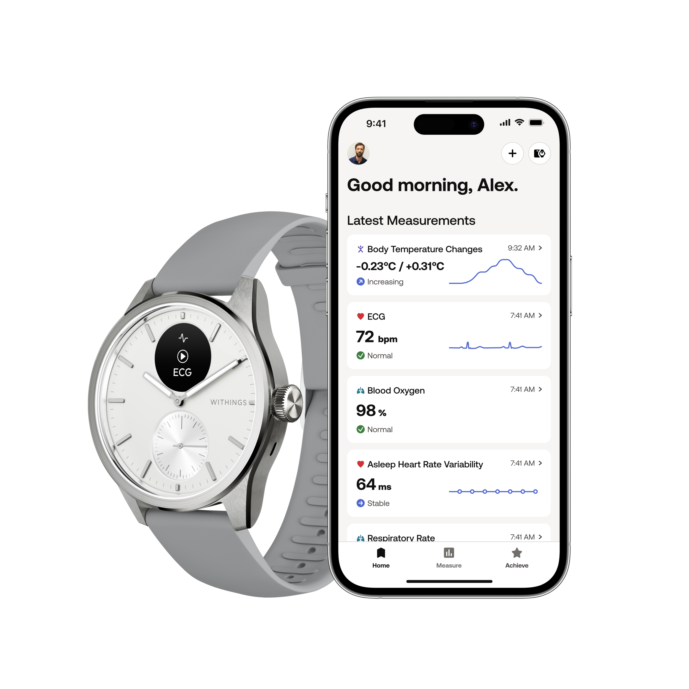 Withings Scanwatch 2 / 42mm (Activity, Sleep Tracker, ECG, Temperature, SPO2 / Stainless steel, fkm wristband, sapphire glass) - White