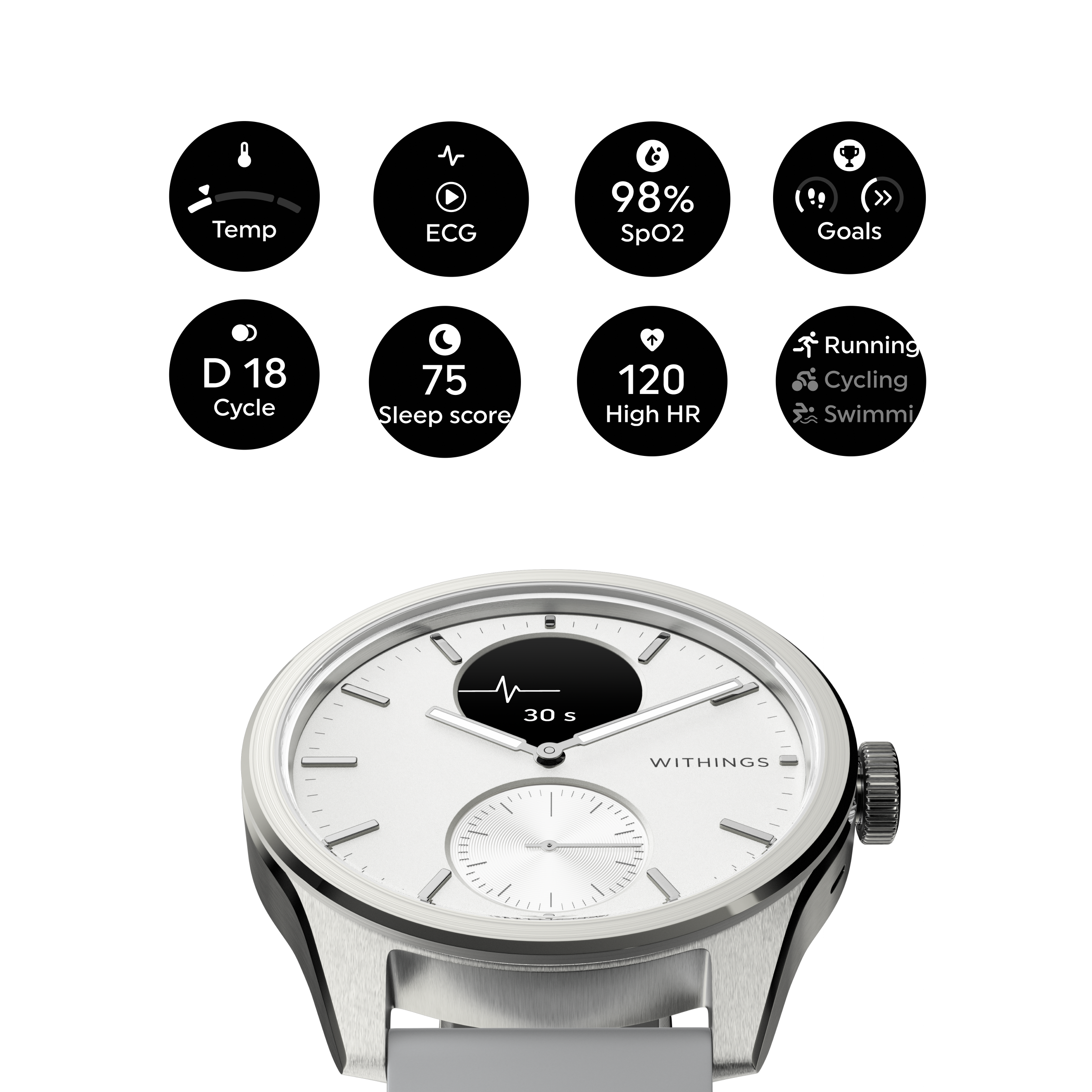 Withings Scanwatch 2 / 42mm (Activity, Sleep Tracker, ECG, Temperature, SPO2 / Stainless steel, fkm wristband, sapphire glass) - White