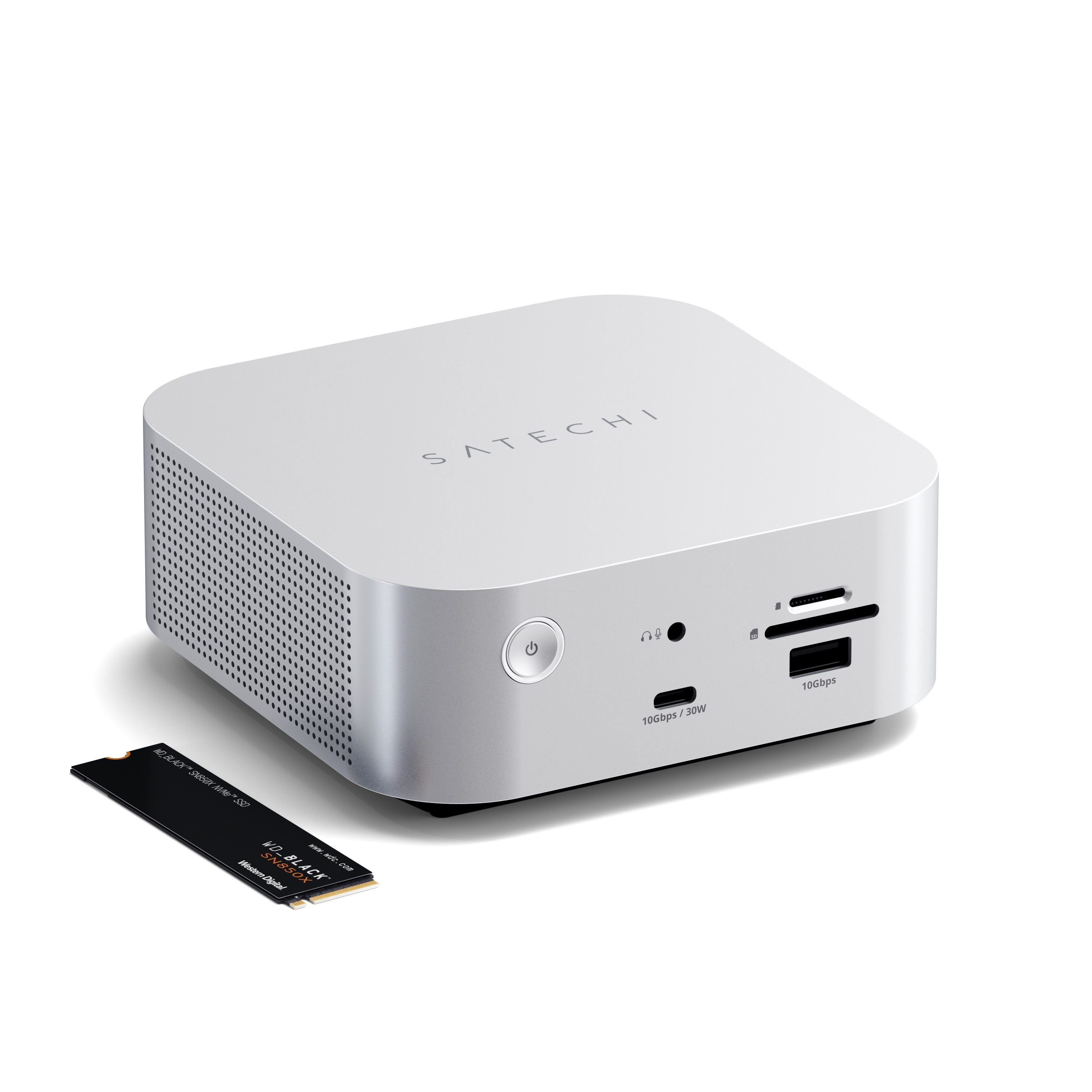 Satechi Thunderbolt 5 CubeDock with SSD Enclosure (3xTBT 5 Downstream Ports, TBT 5 Host Port 140W,2x USB-C 3.2, 2x USB-A 3.2, 2.5 Gigabit Ethernet,SD & microSD Reader,M.2 NVMe SSD Enclosure,Active Cooling) - EU - Silver