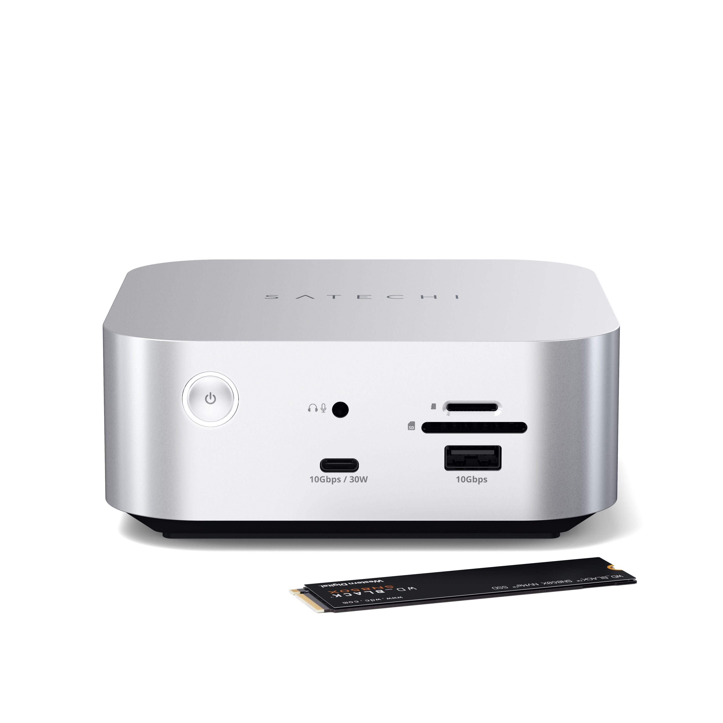 Satechi Thunderbolt 5 CubeDock with SSD Enclosure (3xTBT 5 Downstream Ports, TBT 5 Host Port 140W,2x USB-C 3.2, 2x USB-A 3.2, 2.5 Gigabit Ethernet,SD & microSD Reader,M.2 NVMe SSD Enclosure,Active Cooling) - EU - Silver