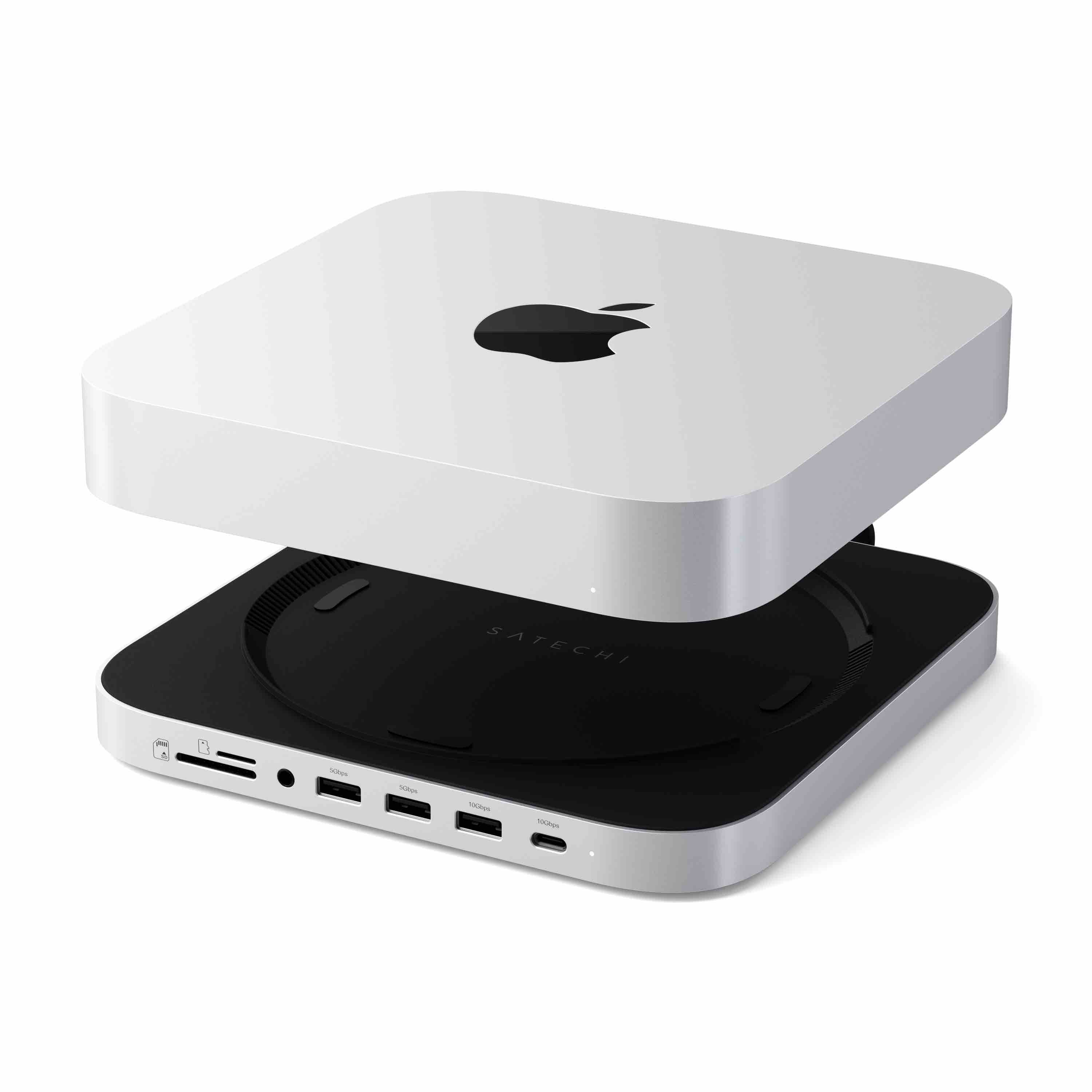 Satechi Stand & Hub For Mac Mini / Studio (1x USB-C 3.2, 1xUSB-A 3.2, 2x USB-A 3.0, 3.5mm Audio,1x Micro/SD, 1x NVMe/M.2 SATA SSD Enclosure Drive not included) - Silver
