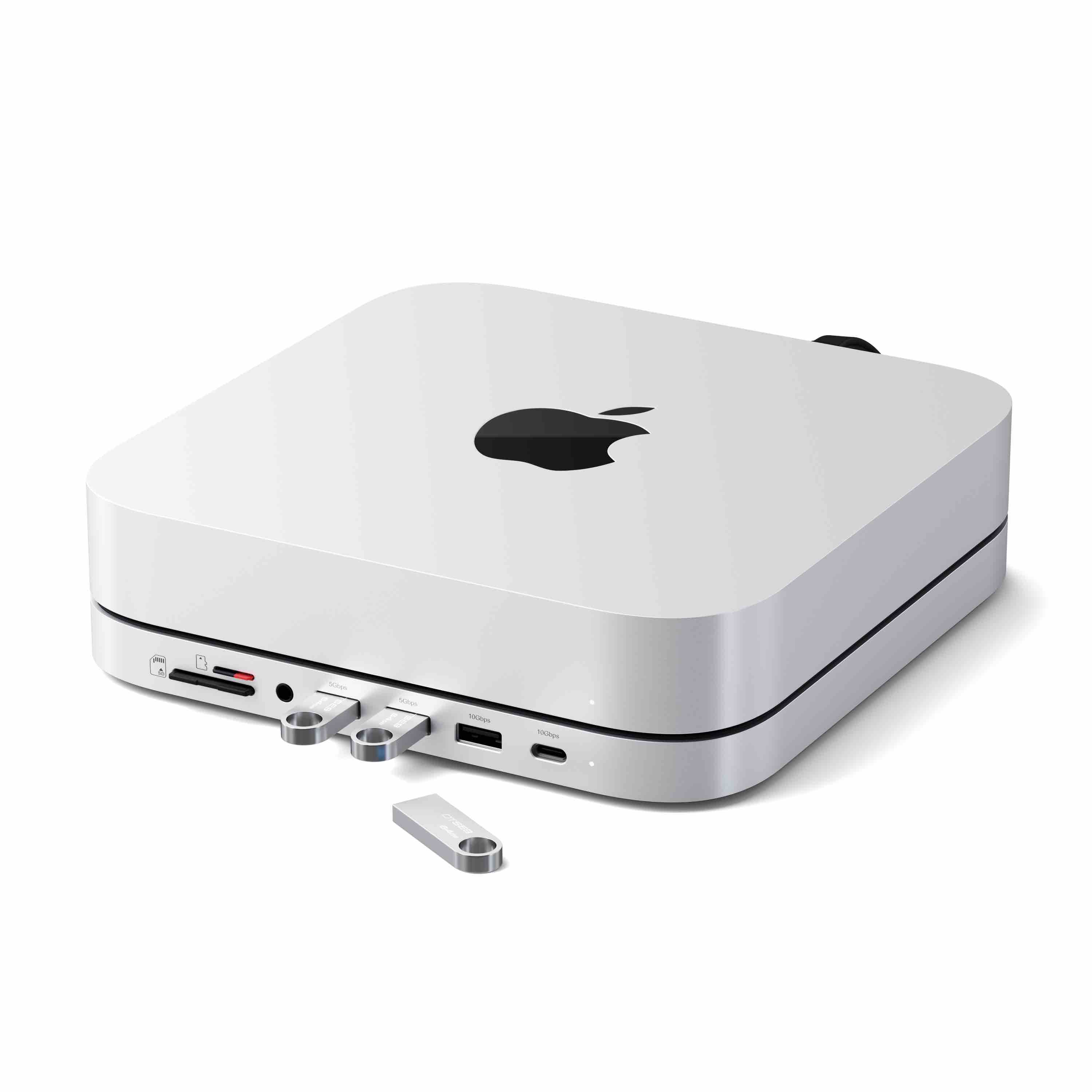 Satechi Stand & Hub For Mac Mini / Studio (1x USB-C 3.2, 1xUSB-A 3.2, 2x USB-A 3.0, 3.5mm Audio,1x Micro/SD, 1x NVMe/M.2 SATA SSD Enclosure Drive not included) - Silver