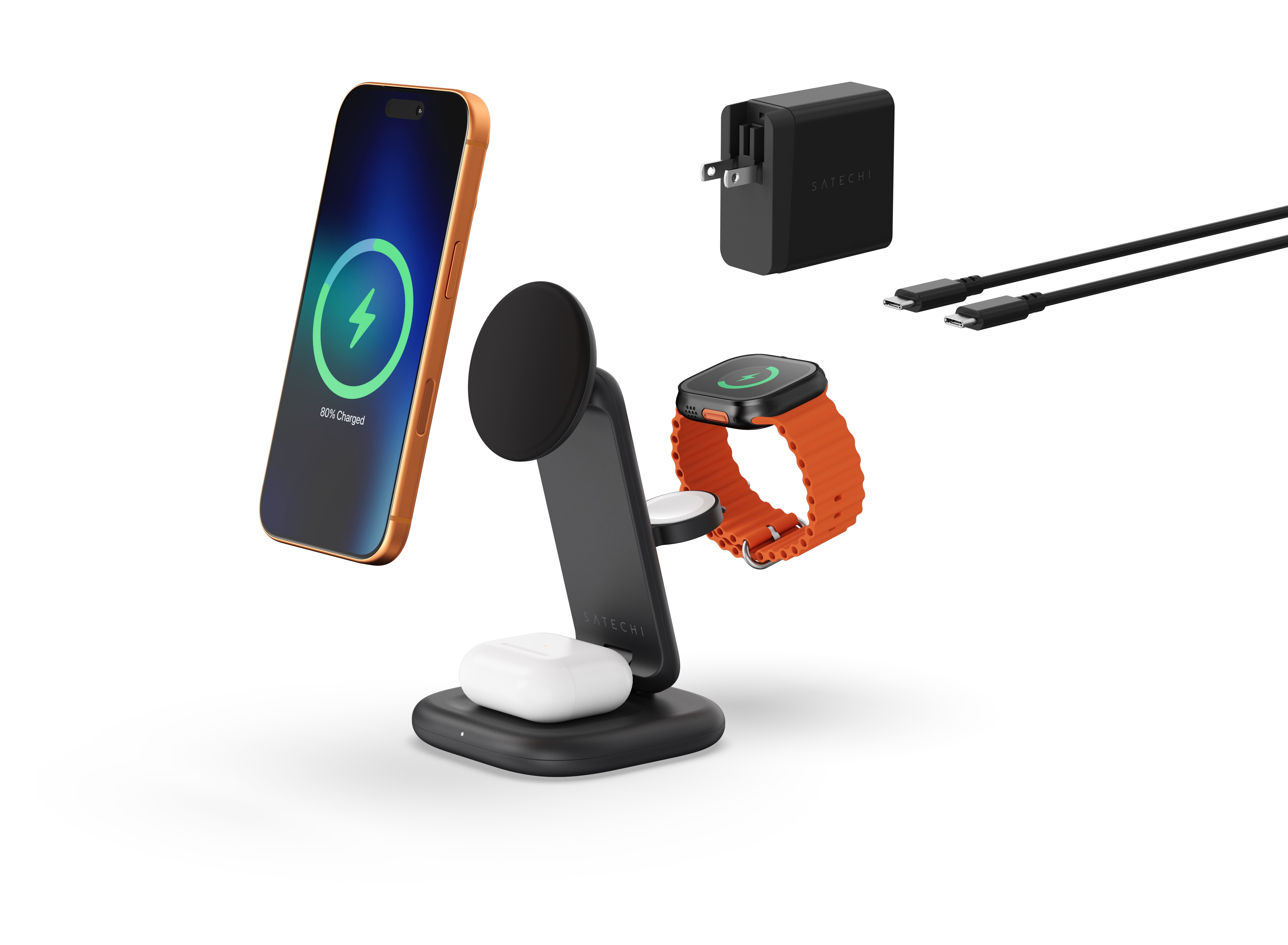 Satechi 3-in-1 Foldable Qi2 25W Wireless Charging Stand -Type A,G,C for US,EU,UK - Space Black