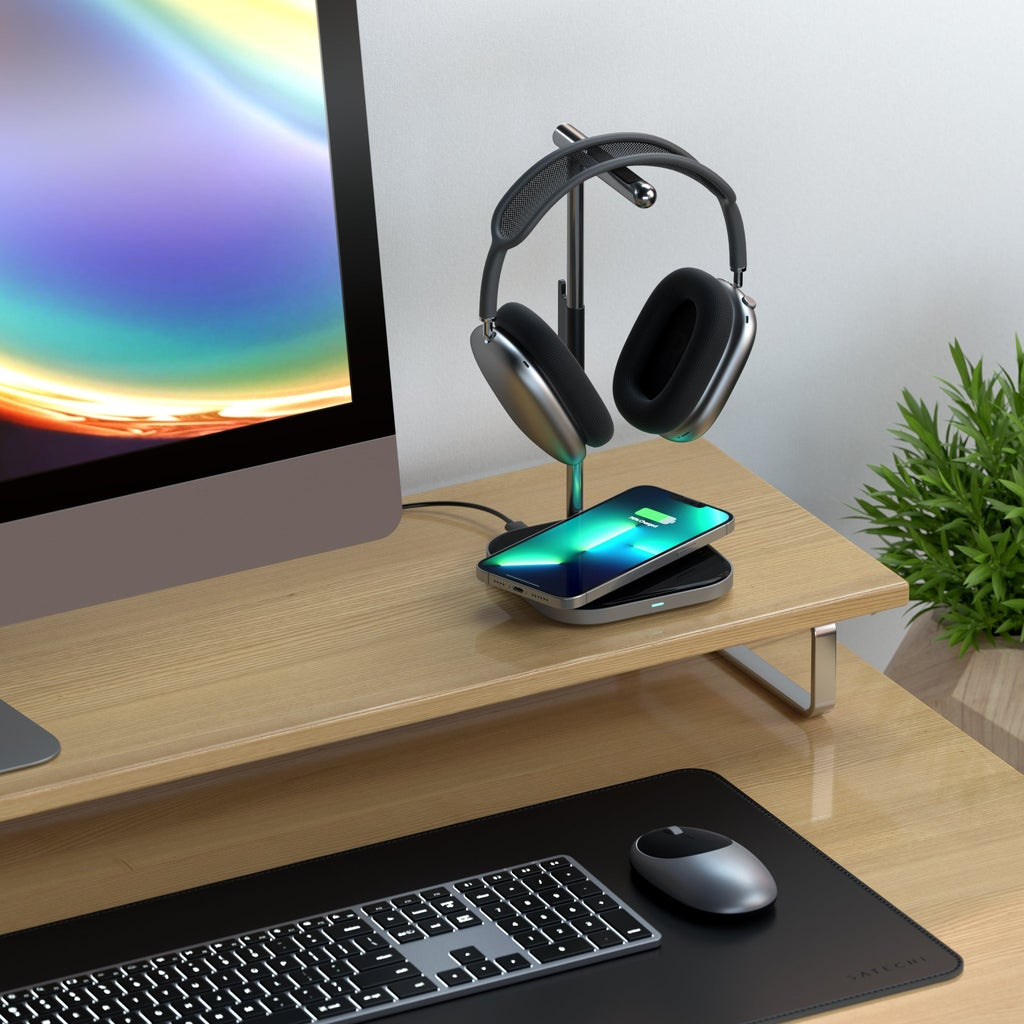 Satechi 2-IN-1 Headphone Stand w Wireless Charger USB-C (Cable inc., Adapter not inc.) - Space Grey)