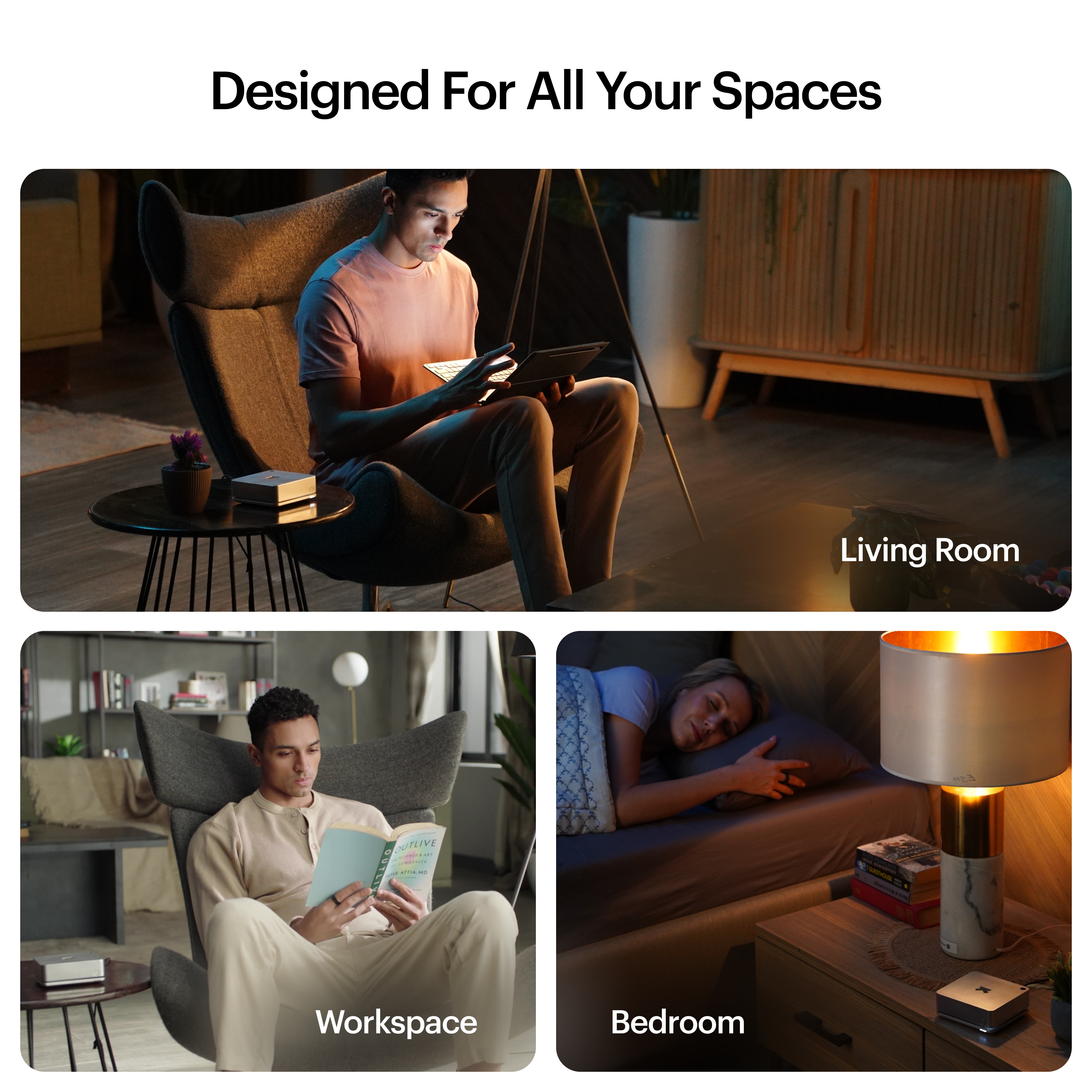 Ultrahuman Home - Air quality sensing - Noise detection - Natural & blue light exposure - Temperature tracking - Humidity monitoring