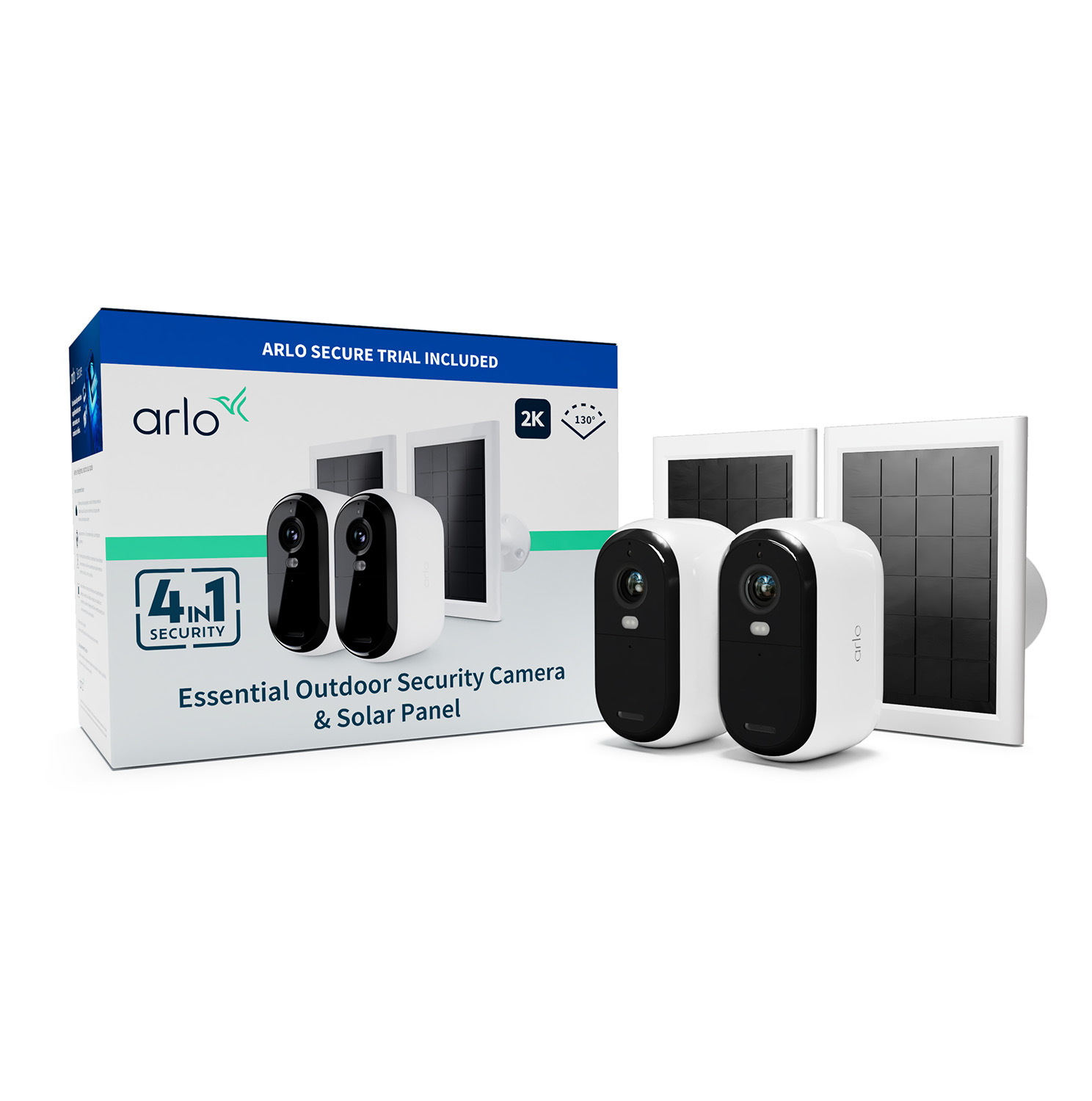 Arlo Essential (Gen.2) Bundle 2K Outdoor Security Camera - 2 Camera Kit + 2 Essential Solar Panel Charger - White