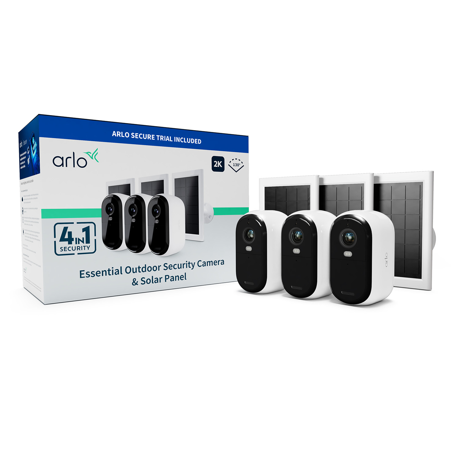 Arlo Essential (Gen.2) Bundle 2K Outdoor Security Camera - 3 Camera Kit + 3 Essential Solar Panel Charger - White