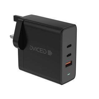 Dviced Wall charger 65W GaN 2 USB-C, 1 USB-A UK w cable - Black