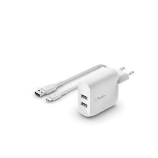 Belkin BOOST CHARGE 24w USB-A Dual Wall Charger w/ 1m A-C - White