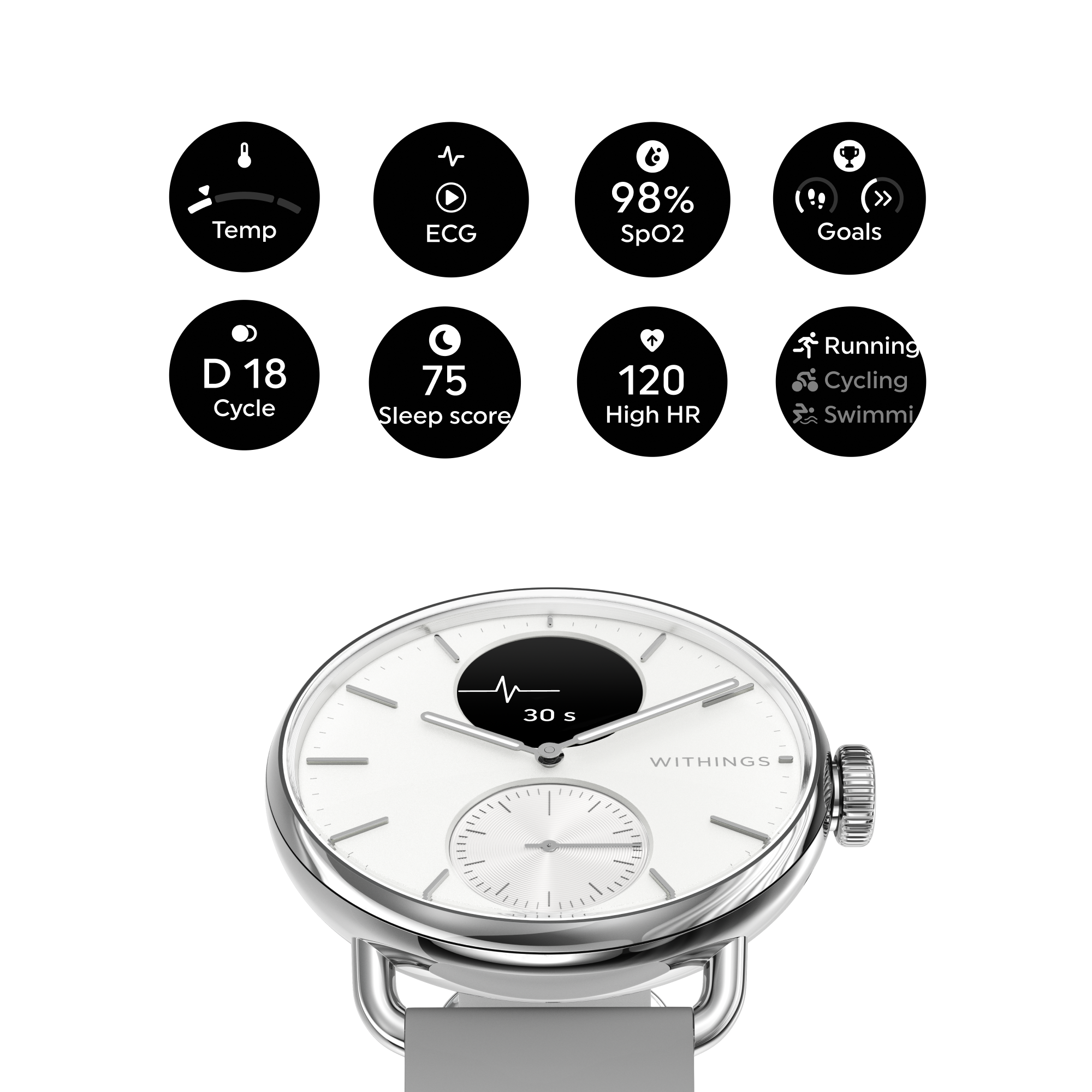 Withings Scanwatch 2 / 38mm (Activity, Sleep Tracker, ECG, Temperature, SPO2 / Stainless steel, fkm wristband, sapphire glass) - White