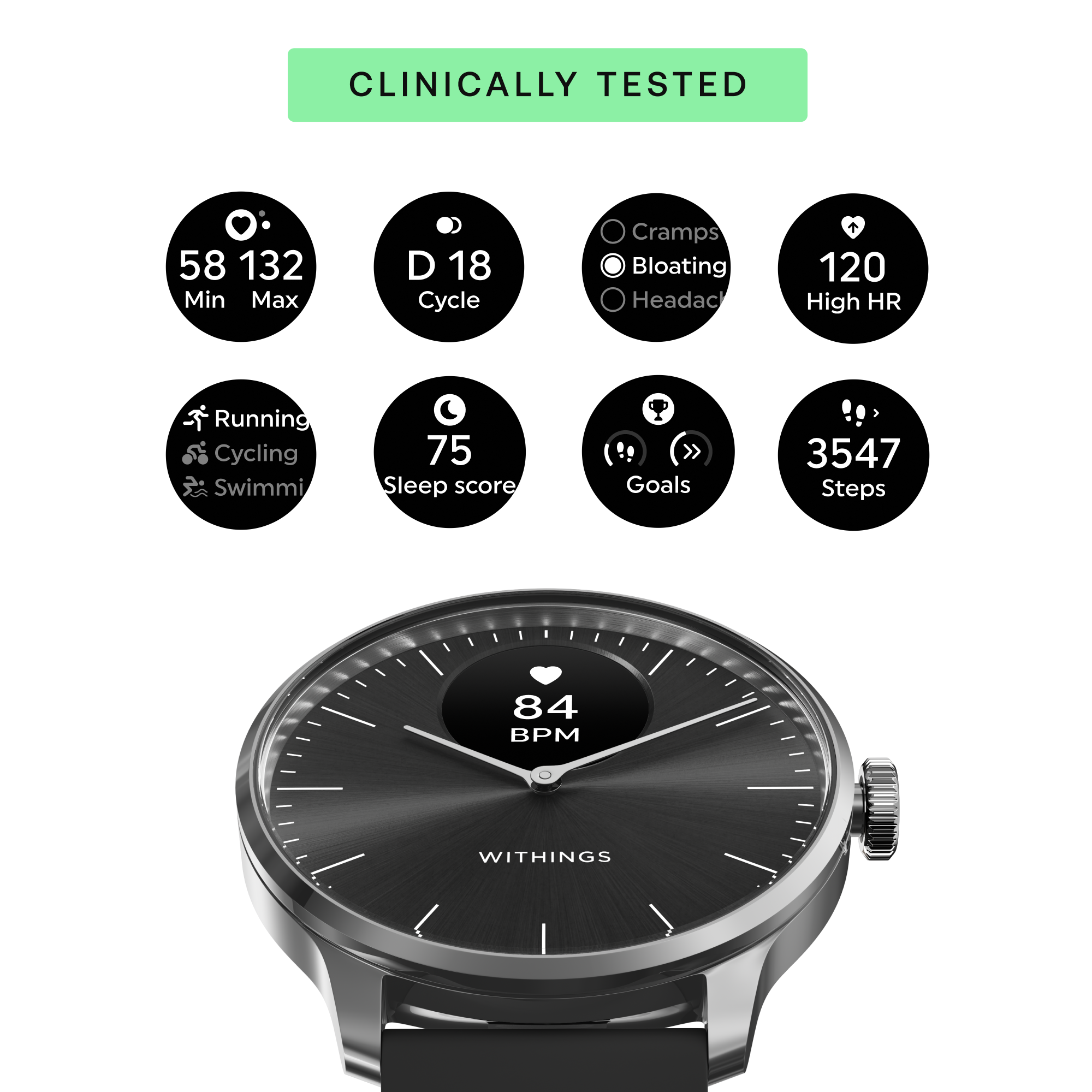 Withings Scanwatch Light / 37mm (Activity, Sleep Tracker / Stainless steel, fkm wristband, sapphire glass) - Black