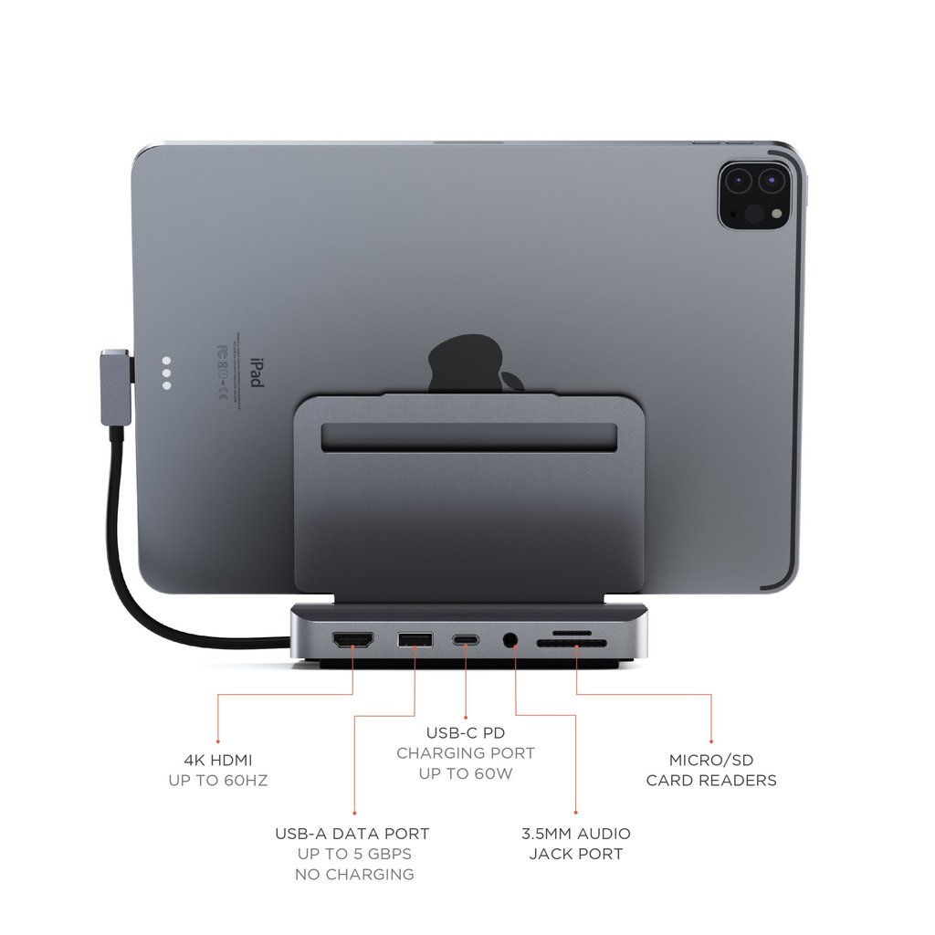 Satechi Aluminium Stand & Hub for iPad Pro (USB-C PD up to 60W,4K HDMI(60Hz),USB-A,SDcard, audio 3.5mm ) - Space Grey