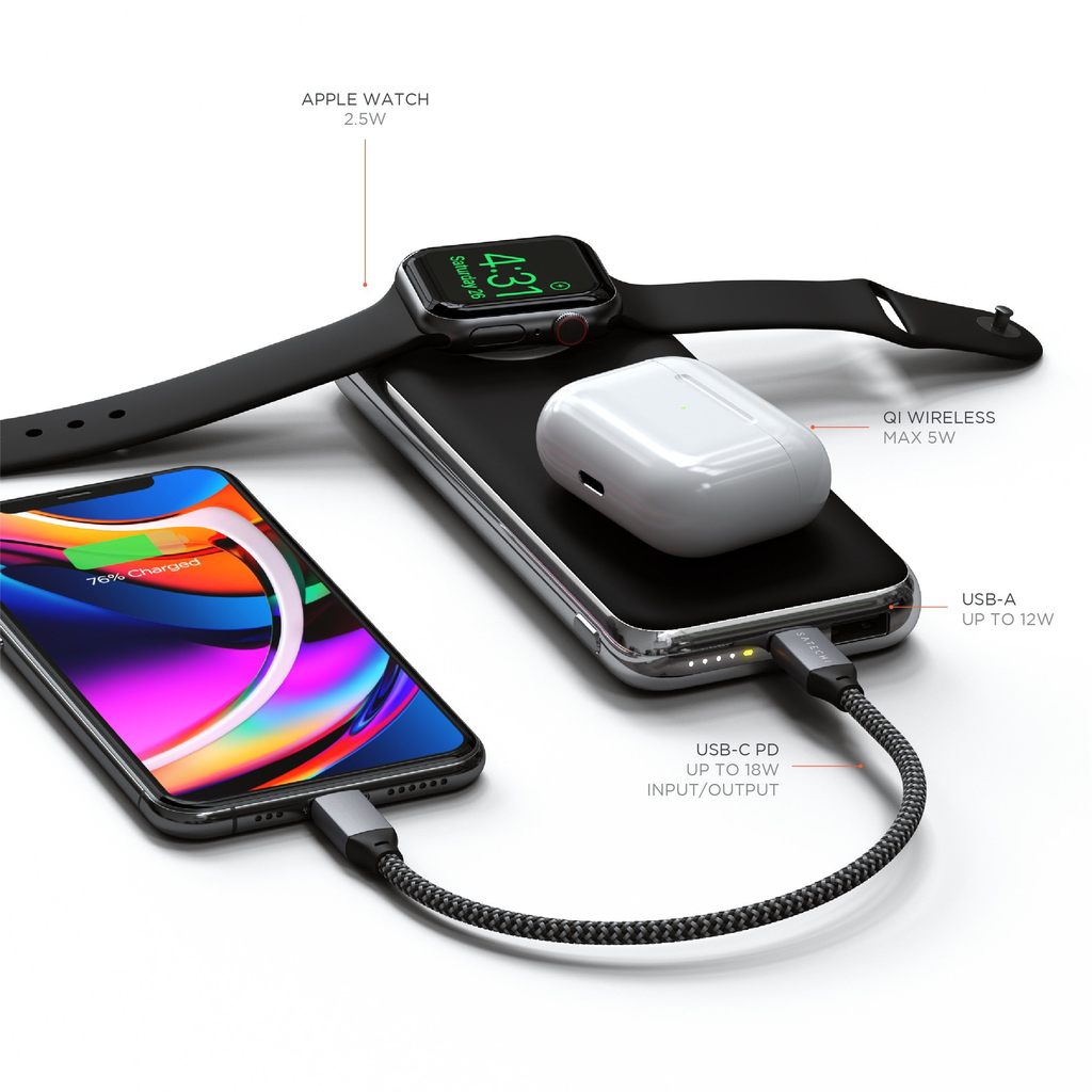 Satechi Quatro Wireless Power Bank Qi Wireless 5W, AW 2.5W, USB-C PD 18W, USB-A 12W - Space Grey